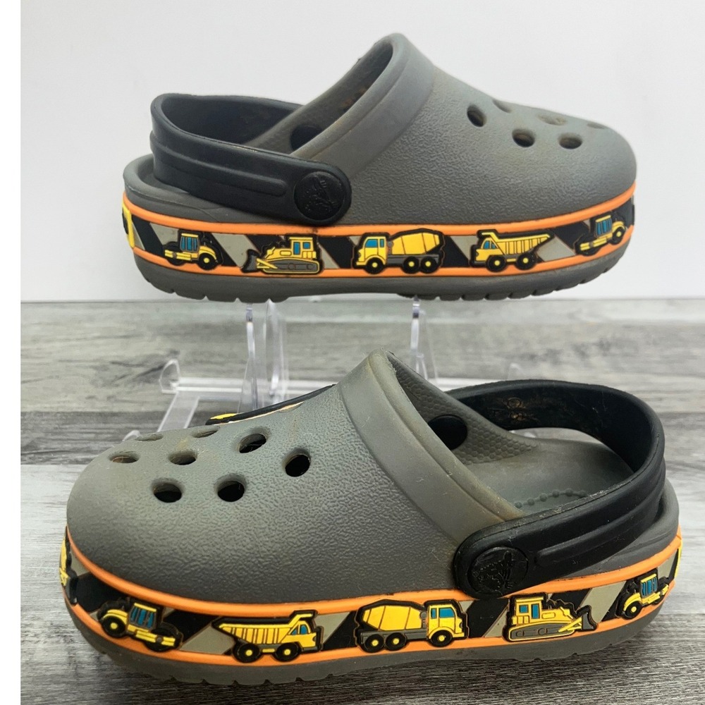 CROCS Kids Gray Clogs with Yellow Excavator and Orange Accents - Picture 2 of 7
